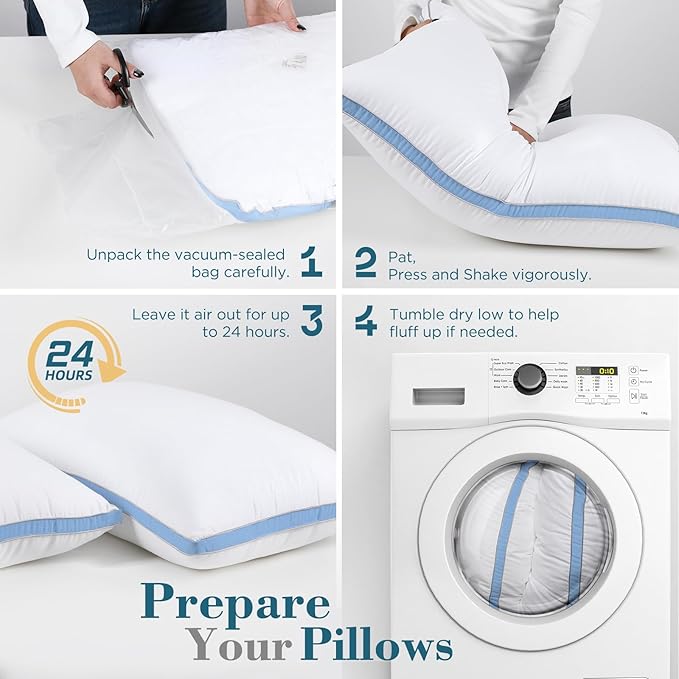 viewstar Pillows Queen Size Set of 2, Hotel Quality Cooling Down Alternative Gusseted Bed Pillows for Side, Back, or Stomach Sleepers, Light Blue