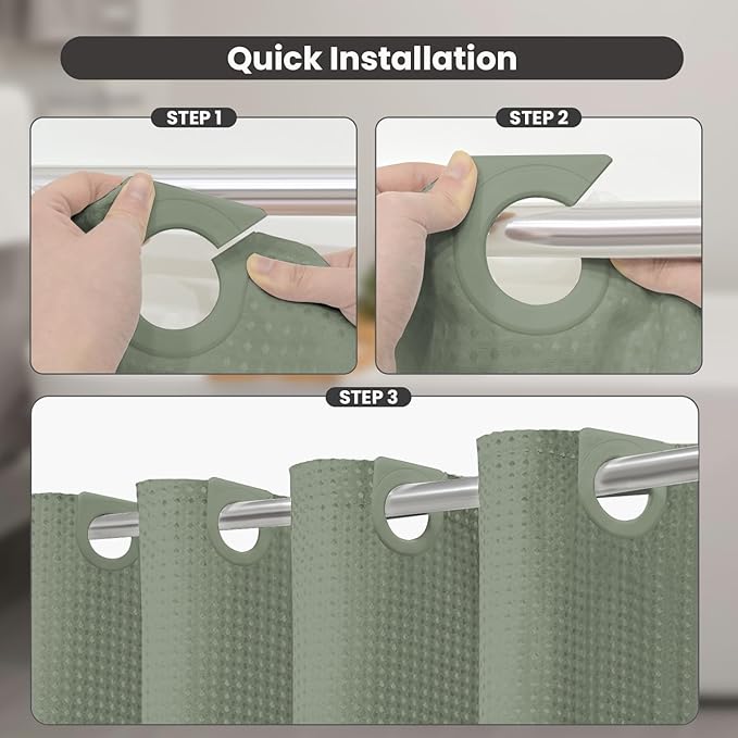 Inhousolu No Hook Waffle Weave Shower Curtain with Removable Snap in Fabric Liner Set for Bathroom, 230 GSM Heavy Duty Weighted Hem, Water Repellent Washable Bath Curtains, 36 x 72 Inch, Sage Green