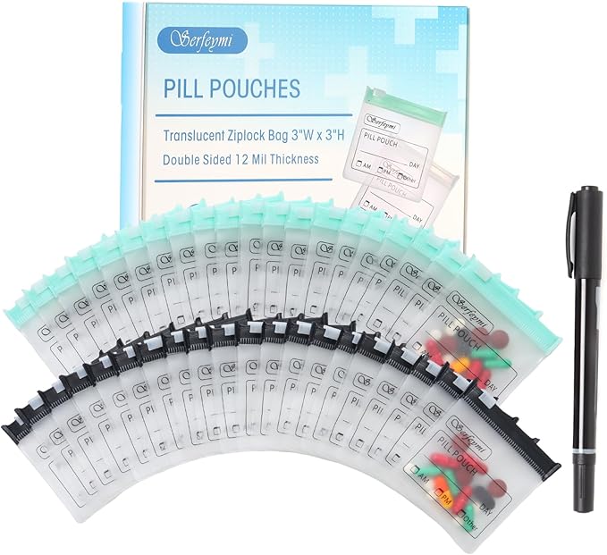Serfeymi 72 Pcs Pill Pouch Bags for Travel Reusable Plastic Bags 3"x3" 12 mil (Double Sided) Translucent Zipper Pill Pouches for Medicine with Slide Lock & Writable Label, 1x Marker-Green+Black