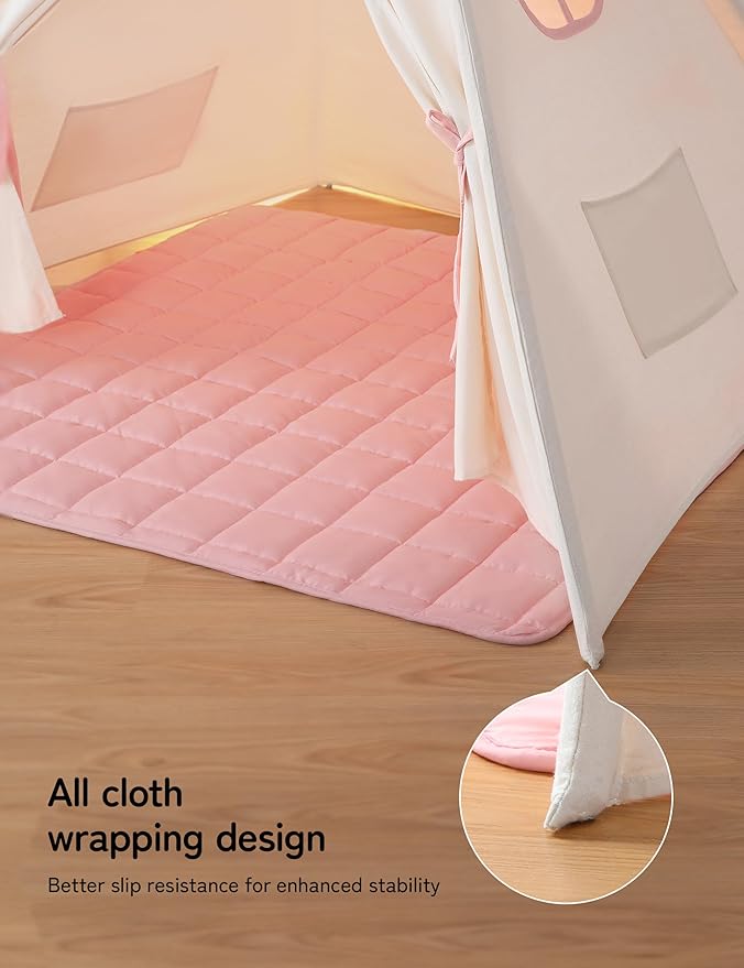 Teepee Tent for Kids Indoor,Kids Play Tent, Toddler Teepee Girls Boys, Baby Teepee, Children Room, Reading Tp,Canvas Playhouse with Lights and Mat (Peachy-Pink, Padded mat)