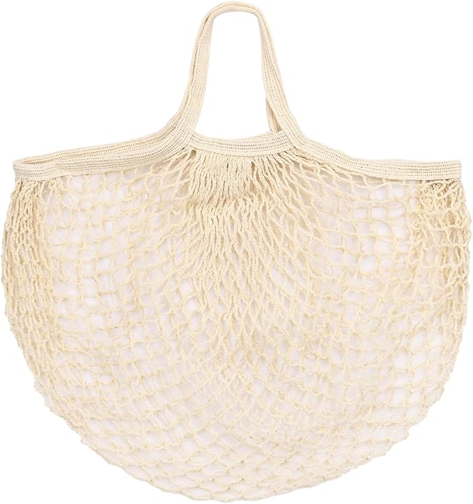 M METERXITY 1-Pack Cotton Mesh Bag, Reusable Washable Mesh Net String Grocery Bags, Reusable Produce Bags with Handle, Net Tote Bag for Fruits/Vegetables Shopping [Cream, Short Handle]