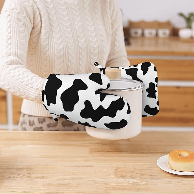 Silicone Oven Mitts and Pot Holders Sets, Home Cow Print Heat Resistant BBQ Gloves for Kitchen Baking Cooking Grilling Microwave