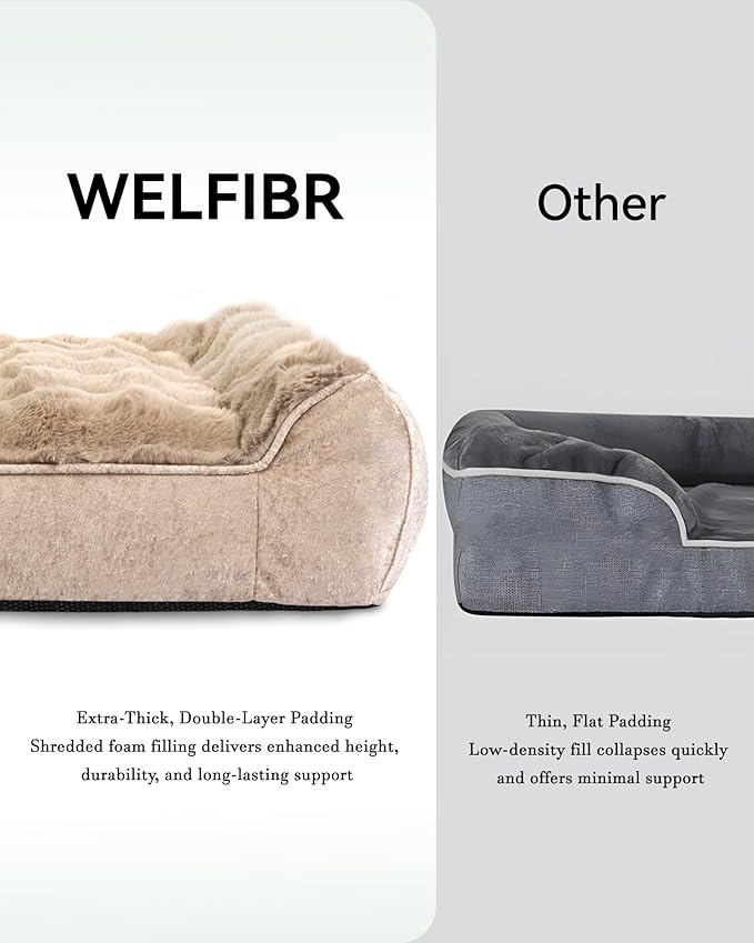 Welfibr Fluffy Faux Fur Dog Bed Medium Size Dog Washable Rasied Dog Bed Orthopedic Dog Bed with Sides Noiseless Supportive Foam Dog Couch Anti-Slip Comfort Pet Beds with Removable Cover Brown 42"