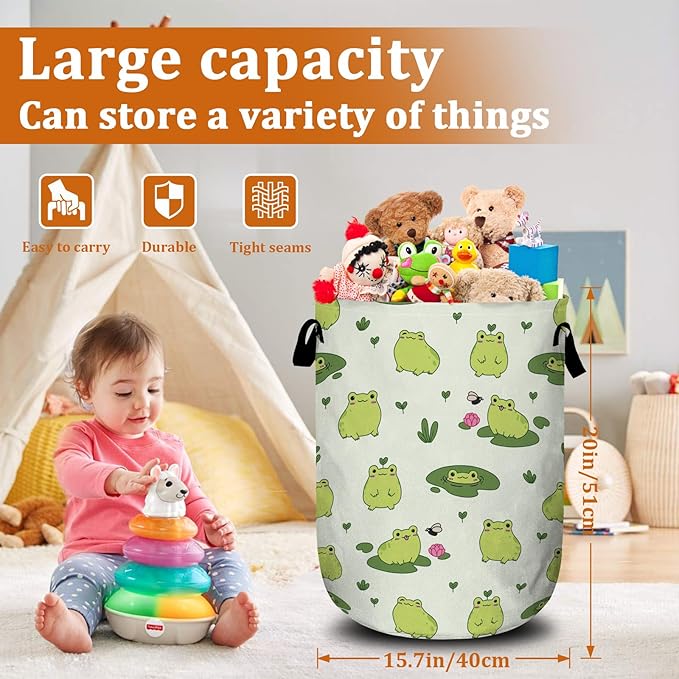 Cute Frog Laundry Basket with Sturdy Handles, Collapsible Oxford Cloth Laundry Hamper Organizer Basket for Bathroom Bedroom 15.7x20 Inch