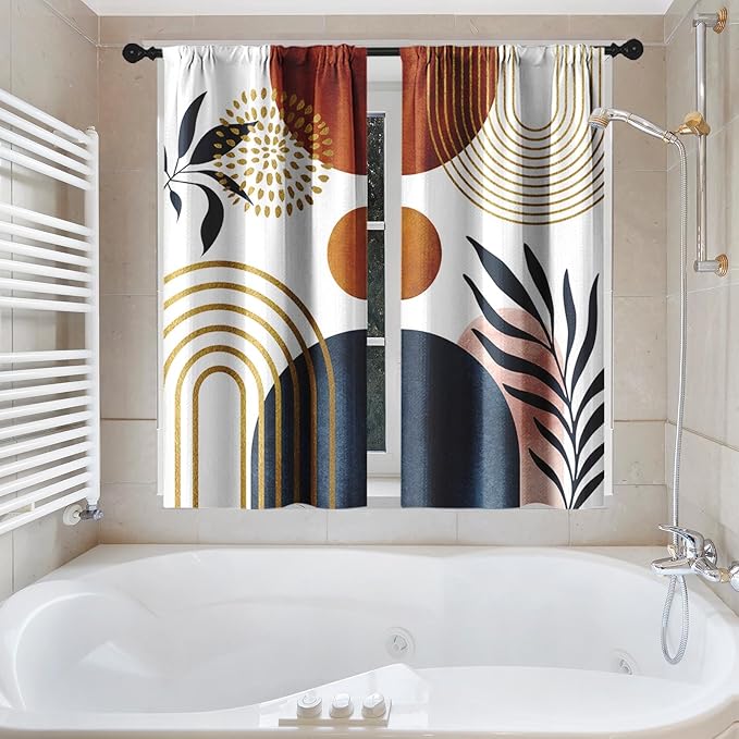 Culudea Boho Geometric Leaf Shower Curtain Set, Mid Century Sun Bohemian Bathroom Window Waffle Textured Cloth Waterproof Shower Curtains for Bathroom Decor