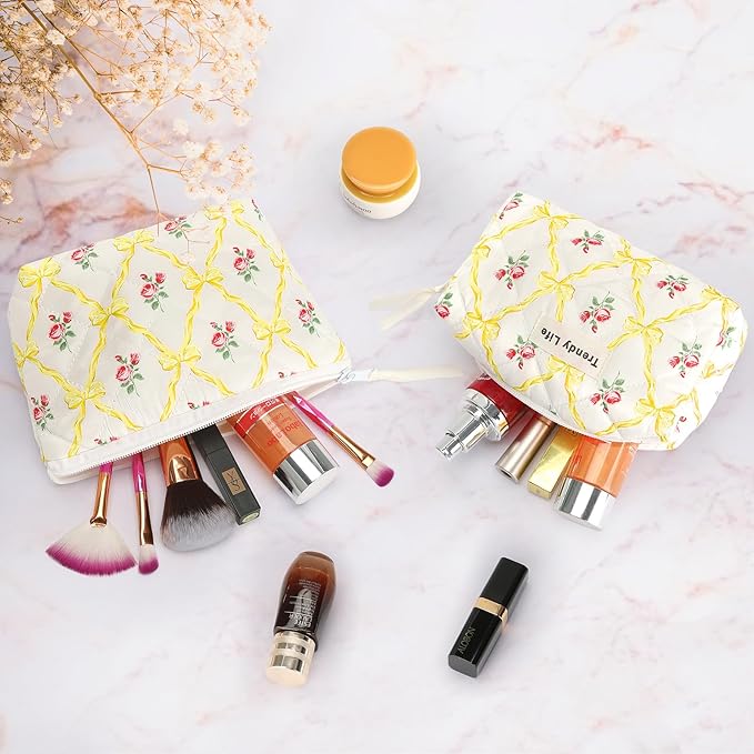 HAOGUAGUA 2 Pieces Makeup Bag, Small Large Quilted Cosmetic Bag, Travel Floral Make Up Toiletry Organizer Bag for Women Girls (2PCS STYLE A-6)