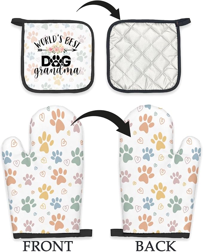 Dog Grandma Gifts Oven Mitts and Pot Holders Sets, Gifts for Dog Grandma, Dog Paw Kitchen Decor Accessories Sets, World’s Best Dog Grandma Heat Resistant Oven Glove Potholders for Kitchen