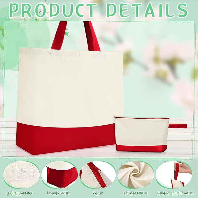 Sanwuta Canvas Tote Bags Bulk with Zipper Cosmetic Pouch 18.5" Reusable Cotton Shopping Bag with Handle for DIY Craft
