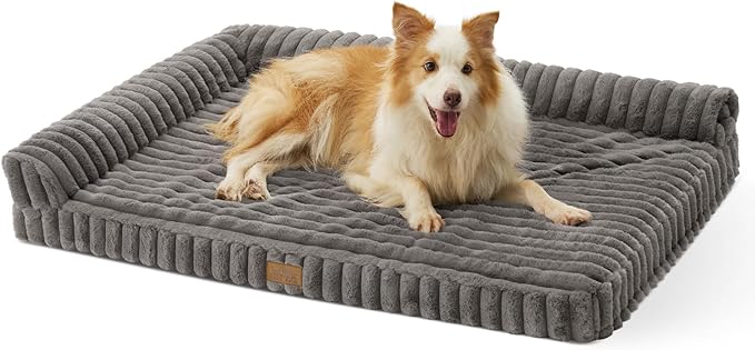 COZY KISS Cute Dog Bed, Faux Rabbit Fur Orthopedic Foam Dog Bed with Sides, Removable Washable Cover & Waterproof Lining, Comfortable Pet Couch for Large Dogs, Grey (44" L x 32" W x 7" Th)