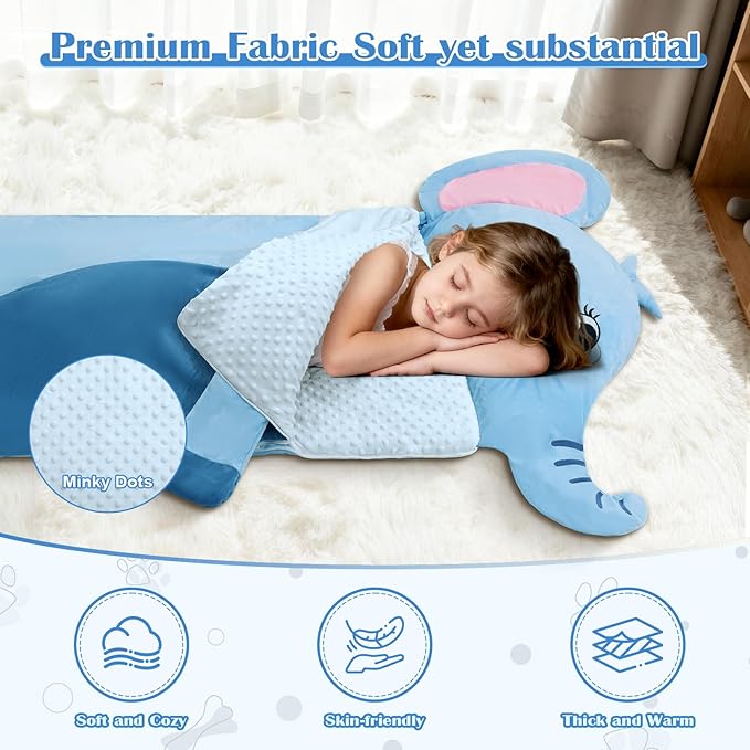 Toddler Nap Mat,Elephant Kids Sleeping Bag 67‘’×27‘’,Extra Large Slumber Bag Thick with Removable Pillow for Girls Boys,Soft Plush Roll Up Sleeping Mat Lightweight for Preschool,Daycare,Travel