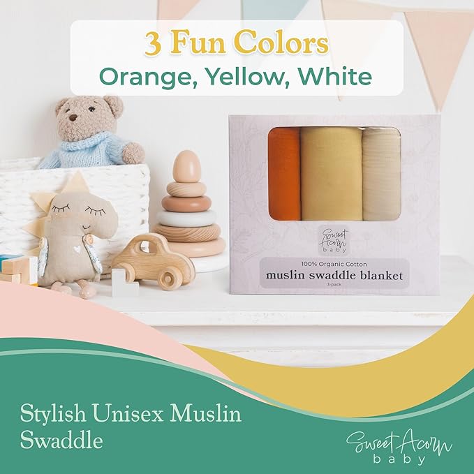 Sweet Acorn Muslin Swaddle Blanket – Soft Cotton Muslin Baby Blanket for Newborns, Infants, and Toddlers, All-Season Comfort Baby Essential - Orange, Yellow, White