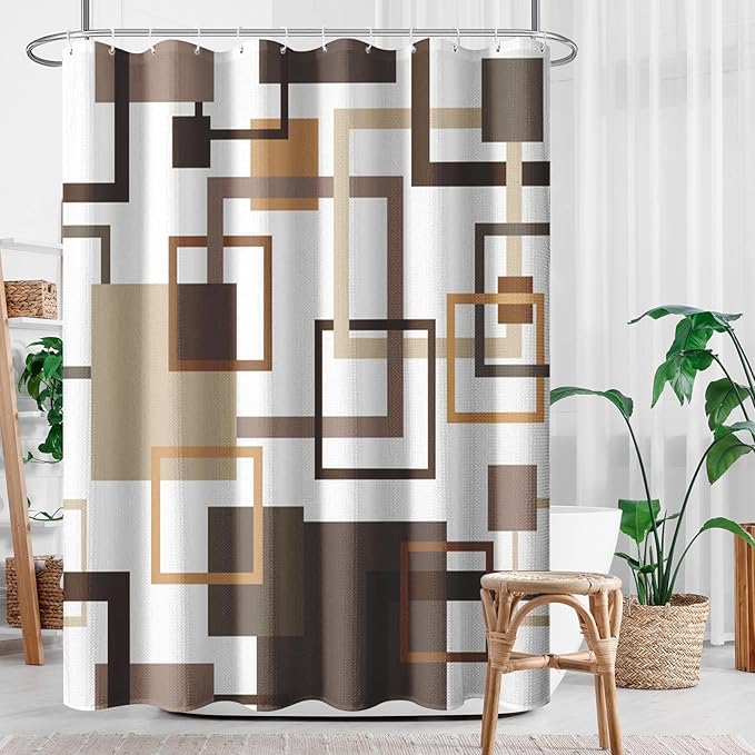 Culudea Geometric Vintage Brown Shower Curtain Set, Abstract Modern Line Bathroom Window Waterproof Shower Curtain Set for Bathroom Decor