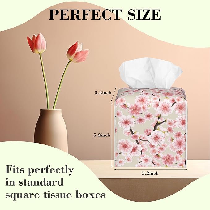 Pink Cherry Blossom Tissue Box Cover Square Leather Tissue Holder Waterproof Facial Paper Organizer Dispenser Cube Paper Cover Case for Home Office Bathroom Vanity Countertop