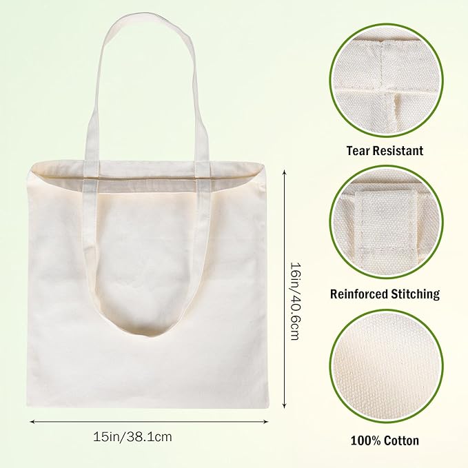 FF Sgdfc 18 Pcs Canvas Tote Bags, Natural Color Tote Bags 15 x 16 inch Sustainable Eco Friendly reusable, For Grocery Bags, DIY Gift Bags, Shopping Bags (Natural Colour)