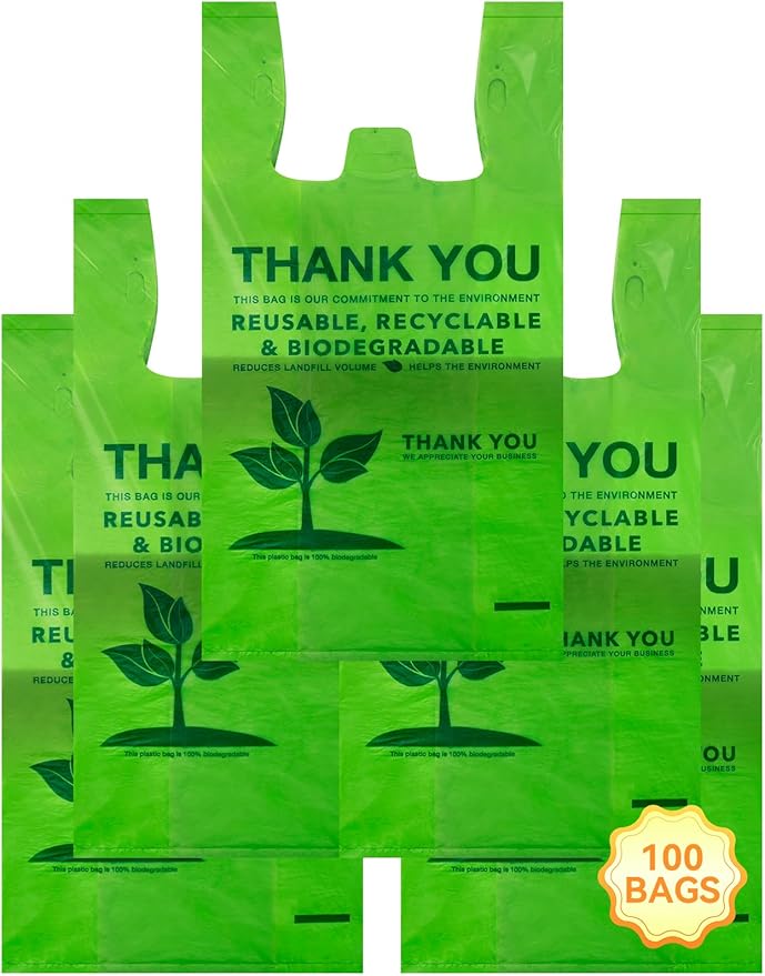 UMT Plastar 100 Count 100% Biodegradable Thank You Bags – Compostable, Recyclable, Eco-Friendly Grocery T-Shirt, 11.5" x 6.25" x 21", 16 Mic