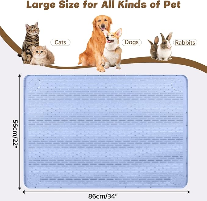 Bartuke Cat Food Mat, 34" x 22" Large Silicone Pet Feeding Mat for Food and Water Bowls Non-Slip, Easy to Clean (Blue)