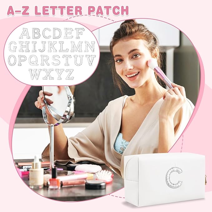 Bride Gifts – Personalized Initial Makeup Bag with Pearl Rhinestone Patch, Preppy White Monogram Cosmetic/Toiletry Pouch, bridesmaid Gifts, Bridal Shower Gifts, Wedding Gifts, Bridal Gifts,C