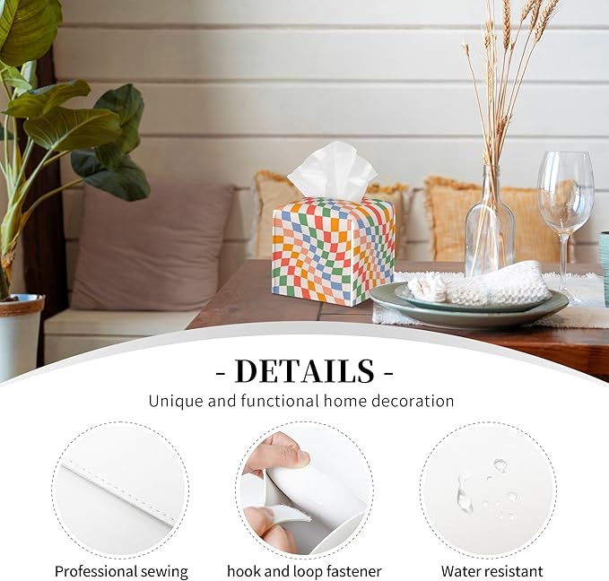 POIUBLE Tissue Box Holder Wavy Checkerboard Tissue Box Cover Square Leather Tissue Holder Organizer Portable Decorative Facial Paper Case for Home Office Bathroom Vanity Countertop