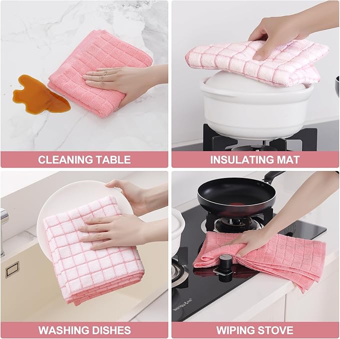 Homaxy Premium Cotton Kitchen Towels 16"x 28", Large Natural Ring Spun 390 GSM Dish Towels, Super Absorbent Terry Kitchen Hand Towels, Soft Tea Towels with Hanging Loop, Pink Check Design, 6 Pack