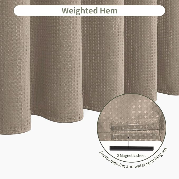 Inhousolu Fabric Shower Curtain Waffle Weave, 230 GSM Heavy Duty, Weighted Hem, 14 Metal Hooks, Water Repellent, Machine Washable, Hotel Spa Luxury Bath Curtain Set, 72 x 72 Inch, Beige