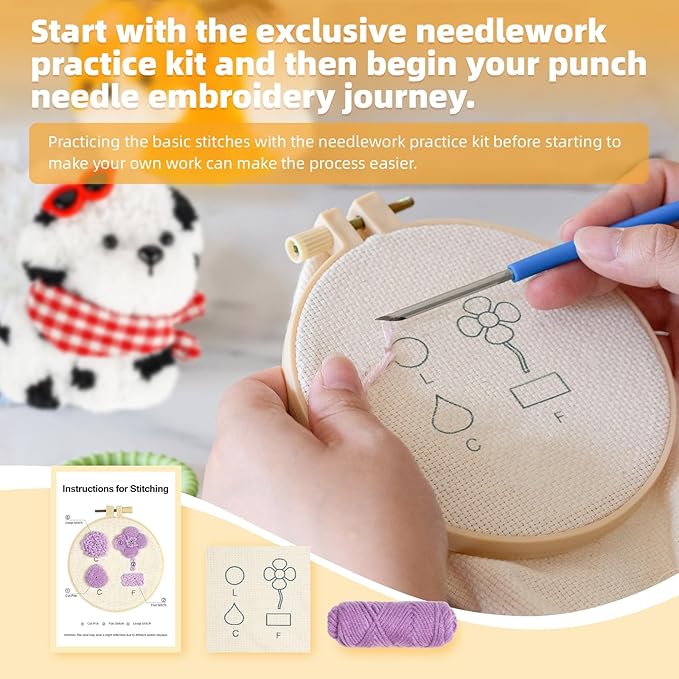 Punch Needle kit-4,Embroidery kit for Beginners,Punch Needle Kits Adults Beginner,Needles, Curved Scissors, a Tool Storage Box, Yarn, Easy-to-Follow Instructions, and Tutorial Videos-(Cat-Dog Duo)