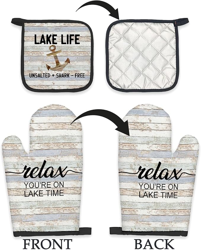 Lake House Gifts Oven Mitts and Pot Holders Sets, Lake Lovers House Kitchen Accessories Sets,Rustic Relax You’re on Lake Time Heat Resistant Oven Glove Potholders for Kitchen Cooking Baking BBQ
