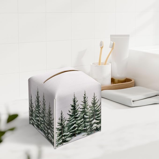 Winter Pine Tree Tissue Box Holder, Leather Tissue Box Cover Square with Bottom Belt, Paper Facial Decorative Tissues Cover for Night Stands Bathroom Kitchen Office Home Decor-B23