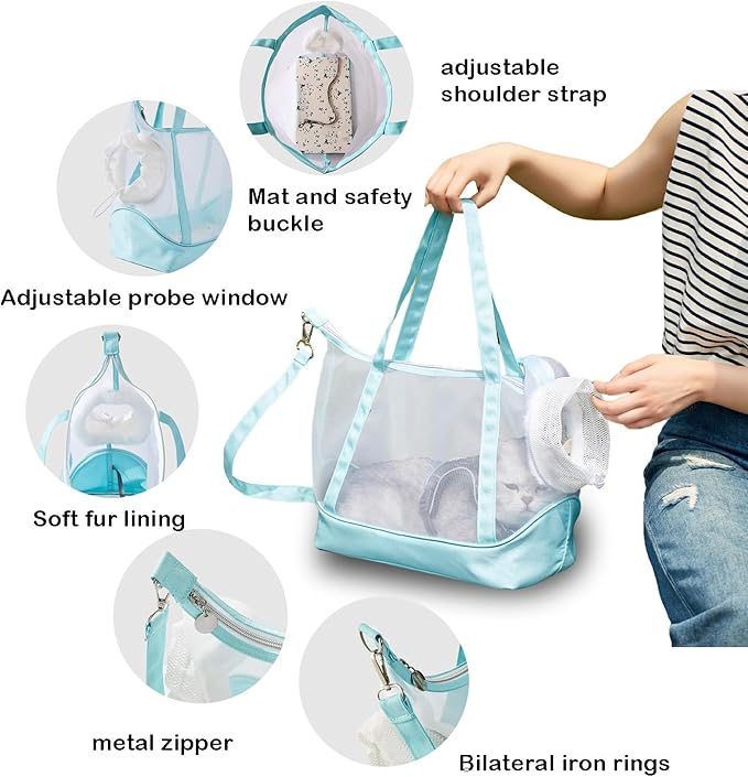 Vinqki Visible Comfort Cat Sling Carrier for Small Cats 3-8lb,Mesh Dog Sling for Small Dogs and Cats-Light & Breathable Cat Carrier Pouch,Soft Puppy Purse with Adjustable Shoulder Strap(Mint Green)