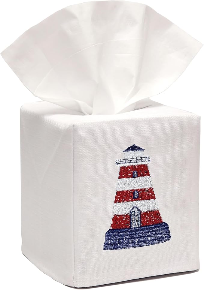 Jacaranda Living Square Tissue Box Cover, Linen/Cotton Fabric Tissue Holder, Decorative Cloth Tissue Cube Cover, Coastal Designs Lighthouse (Red/White)