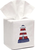 Jacaranda Living Square Tissue Box Cover, Linen/Cotton Fabric Tissue Holder, Decorative Cloth Tissue Cube Cover, Coastal Designs Lighthouse (Red/White)