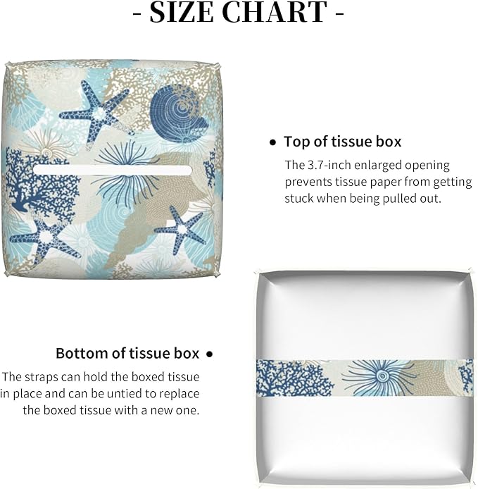 POIUBLE Tissue Box Holder Corals and Seashells Tissue Box Cover Square Leather Tissue Holder Organizer Portable Decorative Facial Paper Case for Home Office Bathroom Vanity Countertop