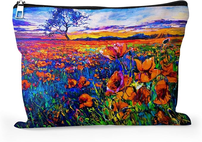 Cafl Poppy Field Makeup Bag Travel Large Poppy Painting Cosmetic Bag Organizer toiletry Essentials Jewelry Zipper Bag Gift For Women -10×8 inch