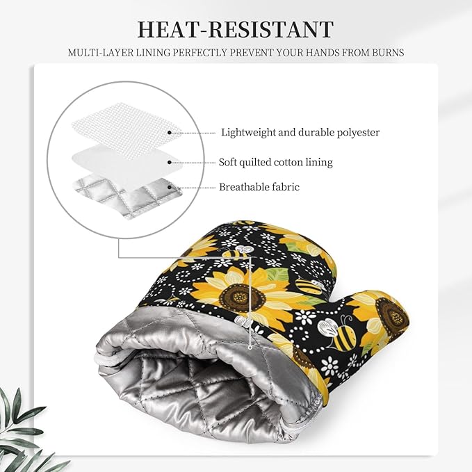 Sunflower Bees Oven Mitts and Pot Holders with Apron Set of 5 Silicone Sunflowers Kitchen Mitten Gloves and Non-Slip Potholders Cooking Apron Set Heat Resistant Oven Gloves Hot Pads for BBQ