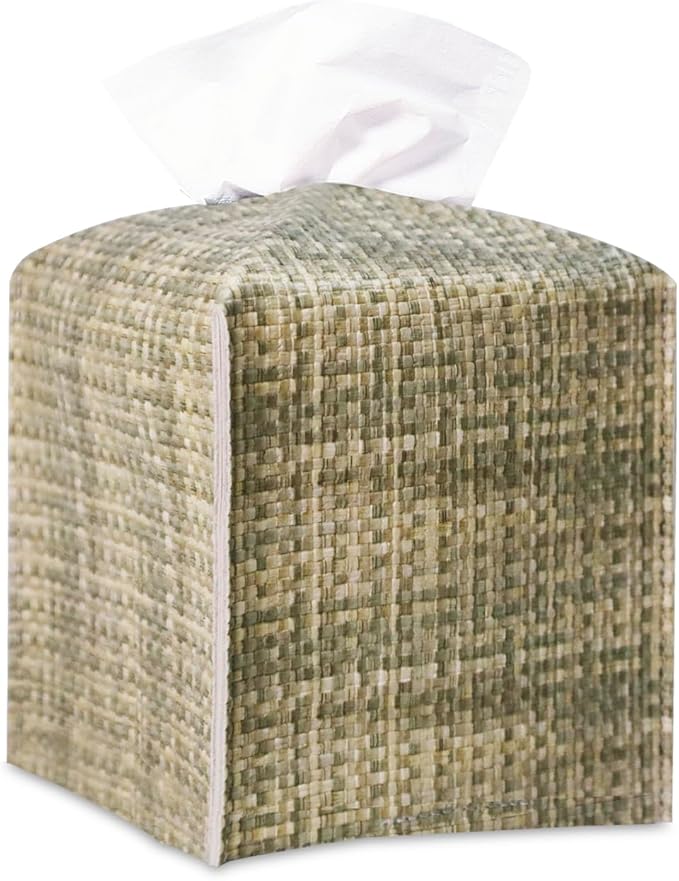 PU Leather Square Tissue Box Cover with Woven Pattern, Cube Tissue Box Holder with Bottom Belt, Perfect Decorative Organizer for Tabletop, Car, Office, Bathroom (Beige Olive Green)