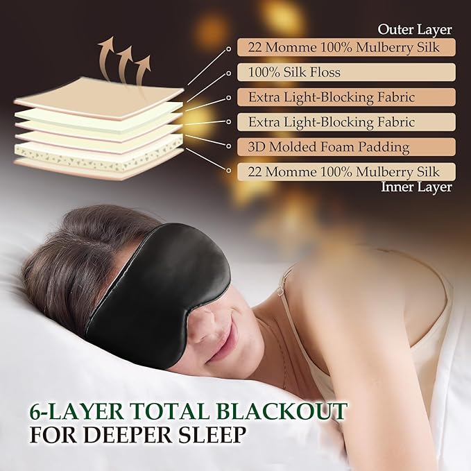 SGMSILK 100% Mulberry Silk Sleep Mask for Unisex, 22 Momme 3D Silk Contoured Eye Mask, Breathable Light Blocking Blindfold with Adjustable Strap, Blackout Eye Cover for Travel, Black