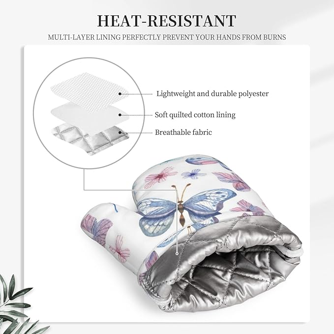 Silicone Oven Mitts and Pot Holders Sets, Home Butterfly Purple Heat Resistant BBQ Gloves for Kitchen Baking Cooking Grilling Microwave