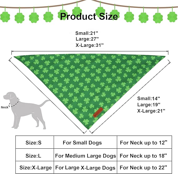 ADOGGYGO St. Patrick's Day Dog Bandana, Green Shamrock Pet Scarf, Adjustable Fit Saint Patrick Bandanas for Large and Extra Large Dogs (X-Large)
