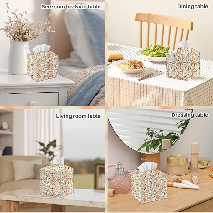 Tissue Box Cover, Tissue Box Holder, Square with Belt Bottom, PU Leather Decorative Organizer for Desk, Tabletop, Countertop Bathroom, Home Toilet Car, Office, Dresser Bedside, Aesthetic Floral Decor