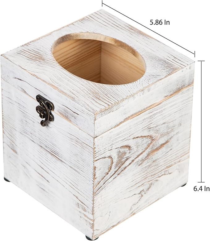 Distressed Farmhouse Square Solid Wood Tissue Box Cover with Slide-Out Bottom Panel Honey Brown Tissue Box Holder for Bathroom Living Room Dining Room Bedroom Toilet (Vintage White)