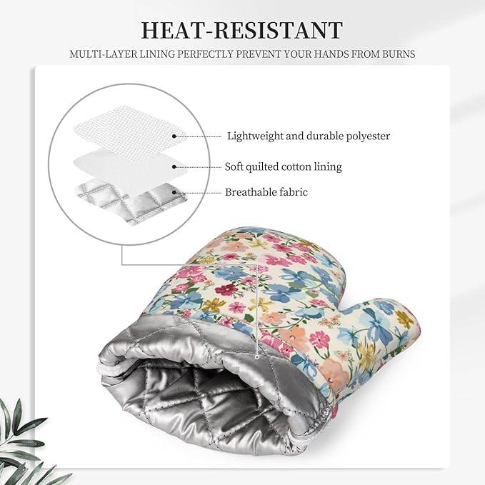 Wild Flowers Floral Meadow Oven Mitts and Pot Holders Set of 4 Silicone Kitchen Mitten Gloves and Non-Slip Potholders Set Heat Resistant Oven Gloves Hot Holders for Kitchen