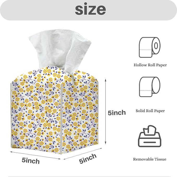 Tissue Box Cover, Tissue Box Holder, Square with Belt Bottom, PU Leather Decorative Organizer for Desk, Tabletop, Countertop Bathroom, Toilet Car, Office, Bedside, Aesthetic Yellow Flower Decor