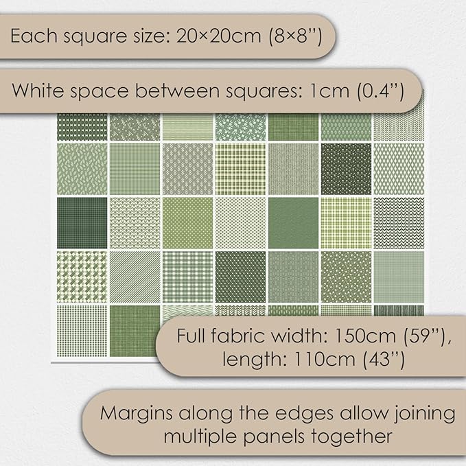 Cotton Satin Patchwork Fabric Panel – 35 Designs, 20×20 cm Squares, Single Piece 150×110 cm, Green Patchwork Quilt Fabric (Olive Garden Patchwork Set, 35pcs 8x8 inch)