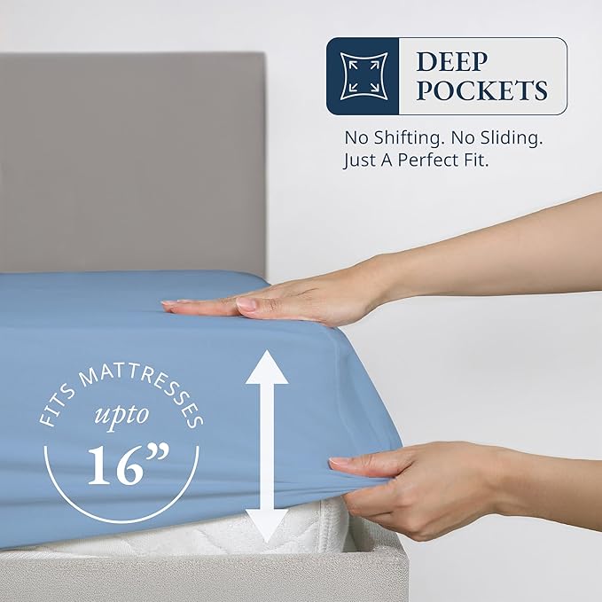 Lane Linen 100% Egyptian Cotton California King Size Fitted Sheet Only (72"x84" + 15") - Elegant Sateen Weave, Ultra Soft, Breathable, Highly Durable, Deep Pockets Upto 17" - French Blue