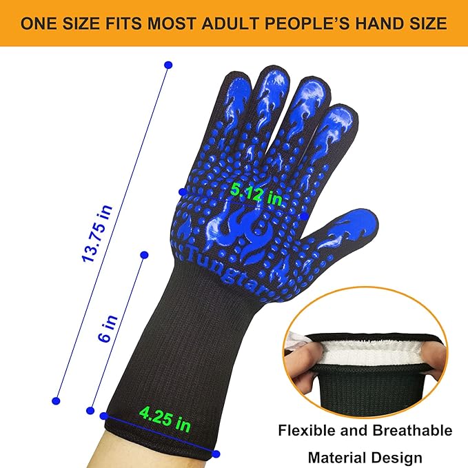 Oven Mitts Heat resistan BBQ Heat Proof Glove 1472℉ 14Inch Grill Glove for Men BBQ Gloves Gift Set for Cooking, Oven,Grilling, Baking, Welding (Long Cuff, Blue)