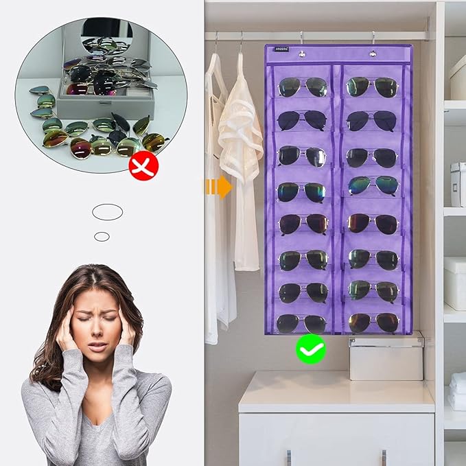ANZORG Over the Door Hanging Sunglasses Organizer Storage Sunglass Rack Holder Eyewear Display Case with 16 Clear Dust Proof Pockets (16 Pockets-Purple)