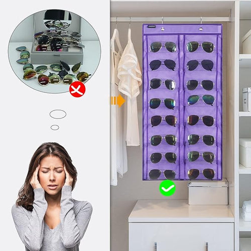 ANZORG Over the Door Hanging Sunglasses Organizer Storage Sunglass Rack Holder Eyewear Display Case with 16 Clear Dust Proof Pockets (16 Pockets-Purple)