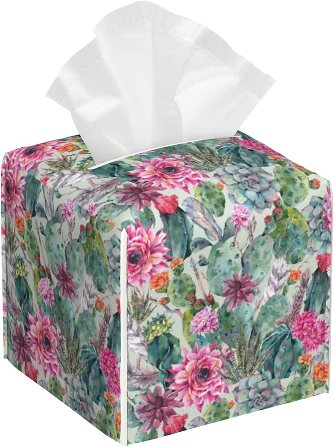 OHEGBXE Succulent Plant Tissue Box Holder Cactus Flower Square Leather Tissue Box Cover Modern Cube Facial Paper Cover Case for Bathroom Vanity Countertop Night Stands Tabletop