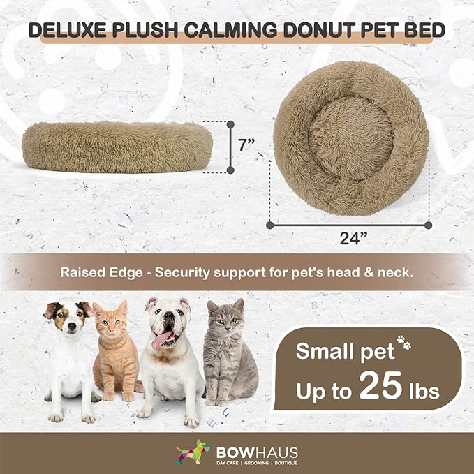 BOWHAUS 24/30 Inch Calming Donut Pet Bed for Small/Medium Cats and Dogs, Anti-Slip Bottom, Washable, Anti-Anxiety Fluffy Round Cat Bed, Indoor Shaggy Cuddler Cotton Candy Brown, Light Gray, Pink Bed