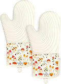 Slohif Long Silicone Oven Mitts Heat Resistant for Women - 2 Pcs Mushroom 100% Cotton Oven Gloves, Non-Slip and Waterproof Silicone Oven Mitts with Hanger for Baking and Cooking