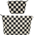fahombag 2 Pcs Checkered Makeup Bag Set Corduroy Cosmetic Pouch for Women Large & Small Cute Preppy Aesthetic Black And White Travel Toiletry Pouch Organizer for Purse Skincare Brushes